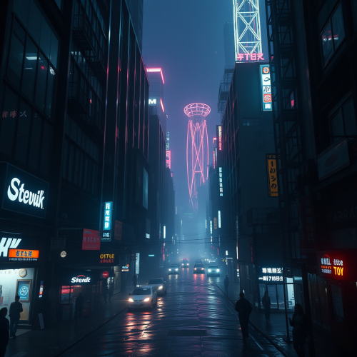 Futuristic city at night in cinematic style.