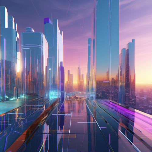 Futuristic city with rainbow glow and sleek buildings