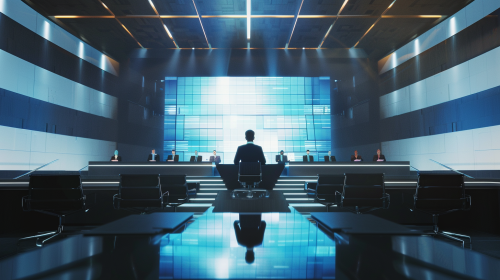 Futuristic courtroom with LED lighting, sleek setting for educator.