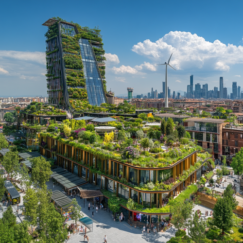 Futuristic environmentally-friendly city with modern architecture and greenery.
