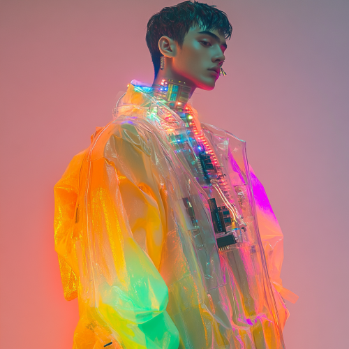Futuristic fashion model in vibrant plastic outfit