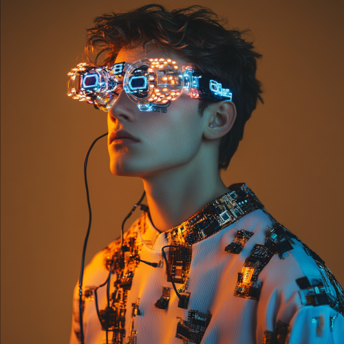 Futuristic fashion model with futuristic outfit and sensors