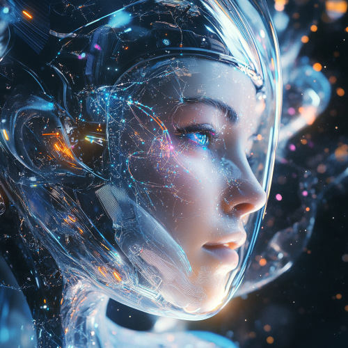 Futuristic human guides advanced spacecraft through space-time dimensions. Futuristic human guides advanced spacecraft through space-time dimensions.