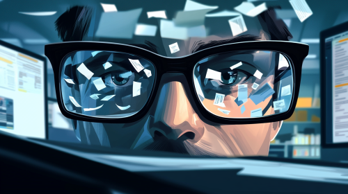 Futuristic office with computer monitor reflected in glasses