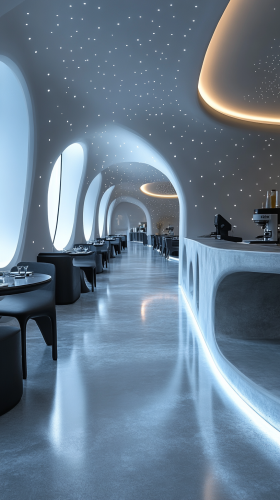 Futuristic restaurant with touchscreen menus and robotic chefs