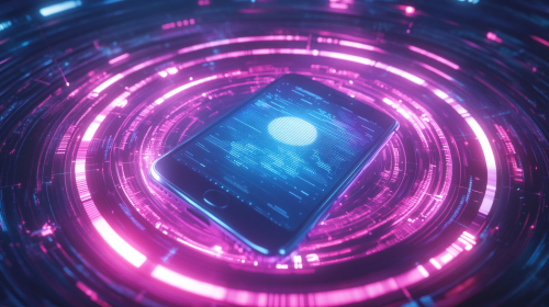 Futuristic smartphone in center of neon interface vortex