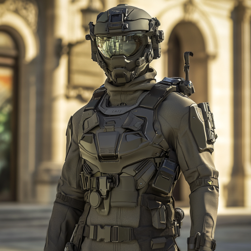 Futuristic soldier in high-tech gear with night vision