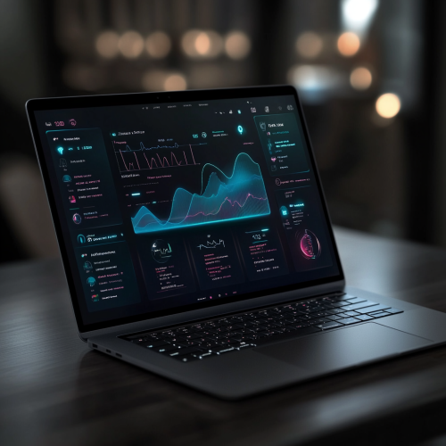 Futuristic teal dashboard for clinicians on MacBook Pro