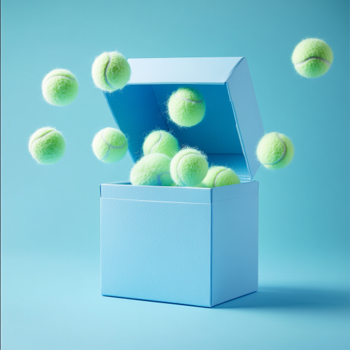 Fuzzy Tennis Balls Bouncing from Baby Blue Gift Box