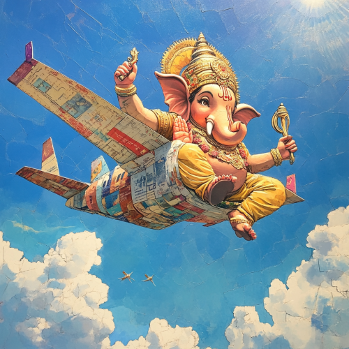 Ganesh on passport airplane, whimsical, playful, vibrant, sky.