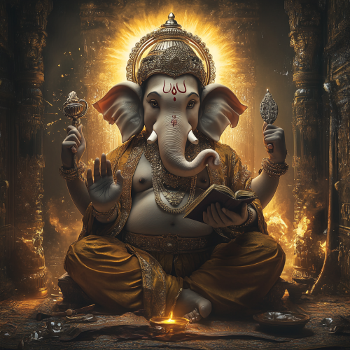 Ganesha with 4 hands, lotus, open book, elephant teeth.