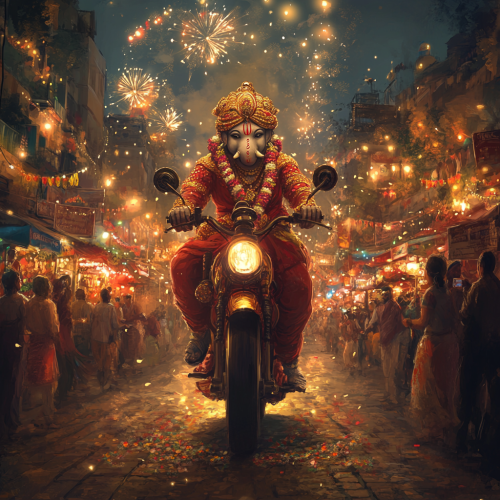 Ganpati Bappa rides festive motorcycle in decorated street.