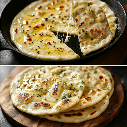 Garlic butter flatbread cooking and stacked on board