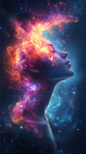 Gazing person with colorful cosmic cloud in night sky. Gazing person with colorful cosmic cloud in night sky.
