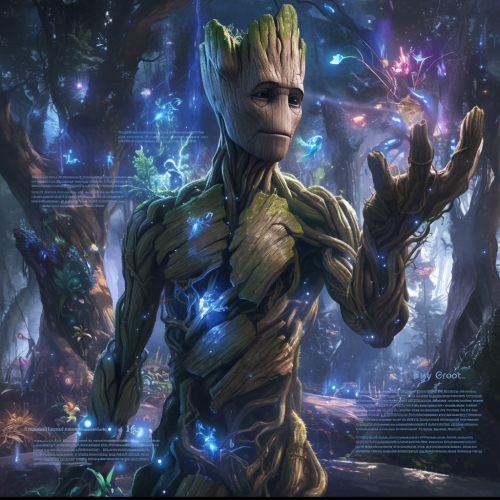 Gentle superhero Groot in enchanted forest, nurturing nature. Gentle superhero Groot in enchanted forest, nurturing nature.