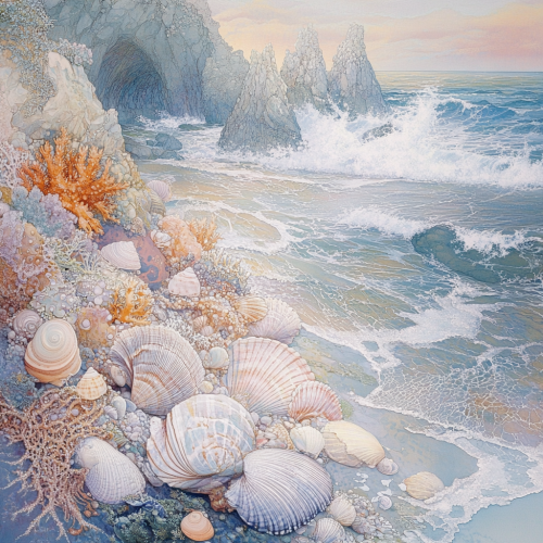 Gentle waves on rocky coast with seashells