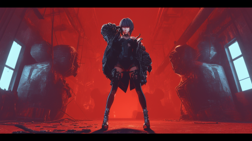 Ghost in the Shell inspired cyberpunk scene with cinematic lighting.