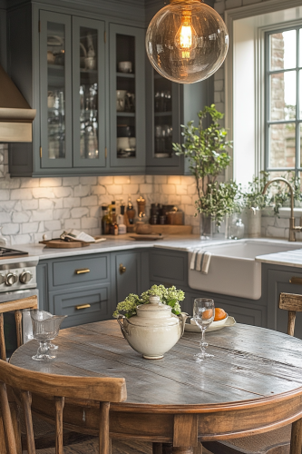 Ghostly, charming kitchen with muted gray cabinets and marble.