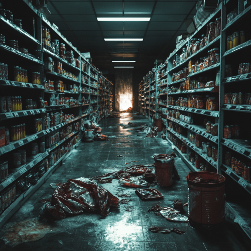 Ghostly Abandoned Supermarket Aisle Haunted by Shadows