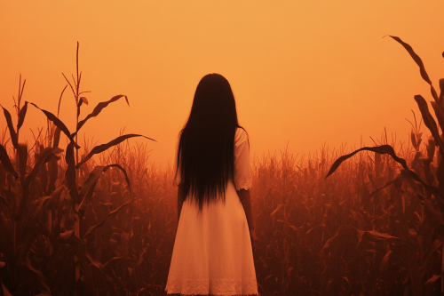 Ghostly Japanese girl in white dress in cornfield