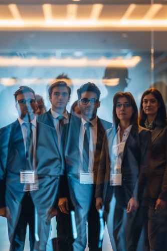 Ghostly missing employees in formal group portrait, name badges visible.