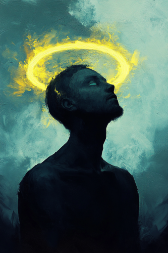 Ghostly silhouette with shining yellow ring in oil sky