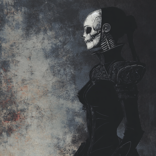 Ghostly woman in futuristic gothic armor.