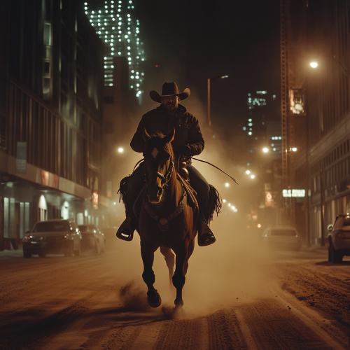 Giant Cowboy on Horse in Urban City Street Fantasy