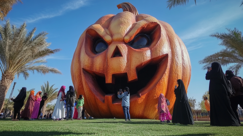 Giant Evil Pumpkin in Dubai Park with People