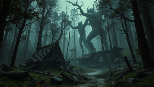Giant Goblins Destroying Settlement Amidst Dark Woods