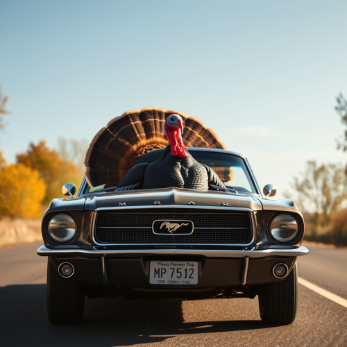 Giant Turkey Driving Ford Mustang on Autumn Road