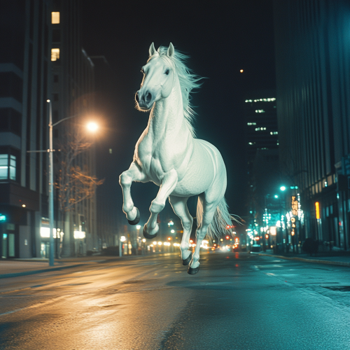 Giant White Pony Galloping in City Night Scene