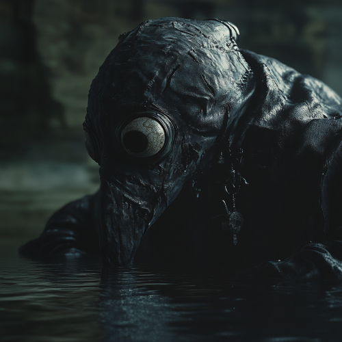 Giant creature with mask peering at dark water