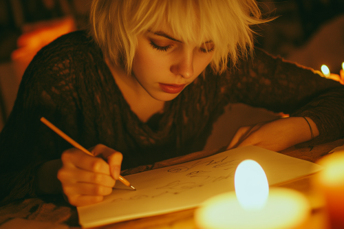 Girl drawing peacefully at night by candlelight
