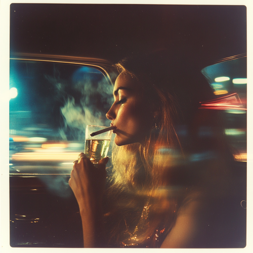 Girl in fancy clothes in London cab at night