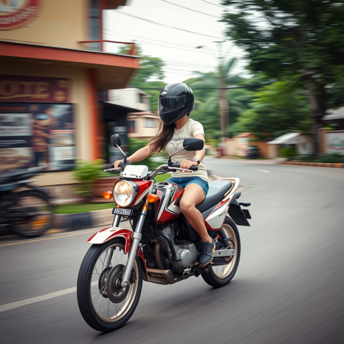 Girl riding on a motorbike in a city.