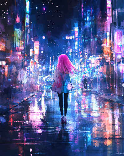 Girl walks city at night, colorful, sparkling view.