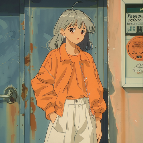 Girl with Grey Hair in Retro Anime Style