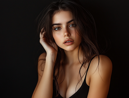 Girl with Star Wars style, no makeup, black background.