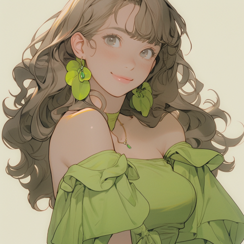 Girl with green tones, long hair, fair skin, green eyes.