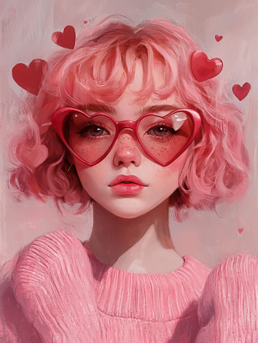Girl with pink curly hair, heart glasses, soft face. Girl with pink curly hair, heart glasses, soft face.