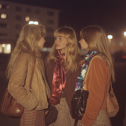 Girls with shimmering scarf on purse chat after school