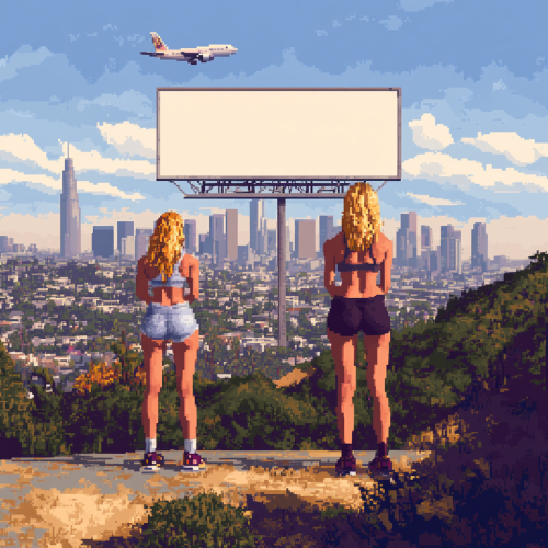 Girls working out with billboard and plane