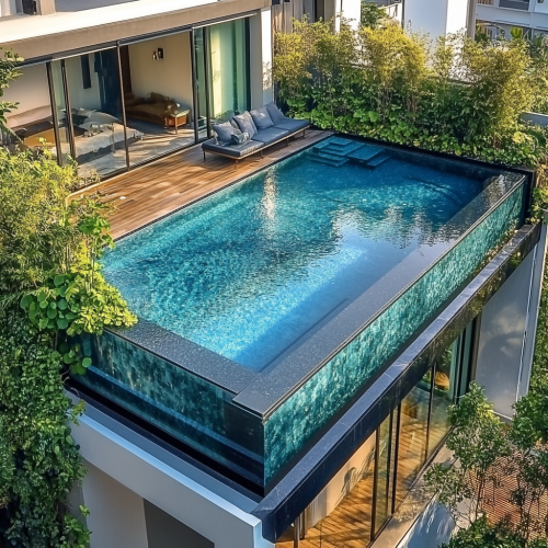 Glass Study Room Next to L-shaped Rooftop Pool