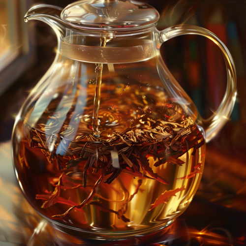 Glass Teapot with Rooibos Tea and Warm Lighting