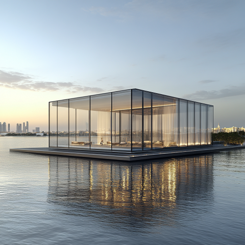 Glass box building in Dubai Creek at nighttime