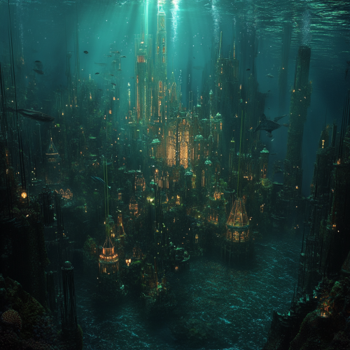 Glass city under sea, central castle made of coral.