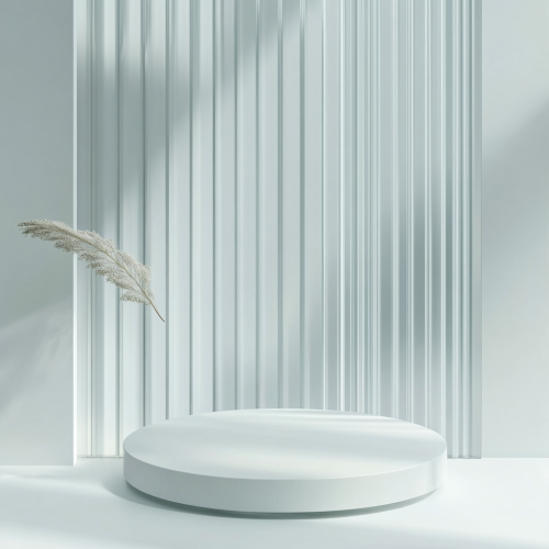 Glass podium with prismatic lighting on grey background