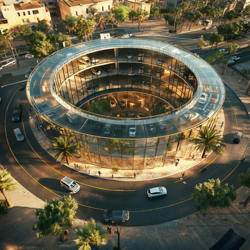 Glass roundabout parking garage in historical city, southern Europe.
