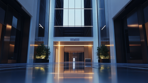 Glossy white building with high lobby at dawn